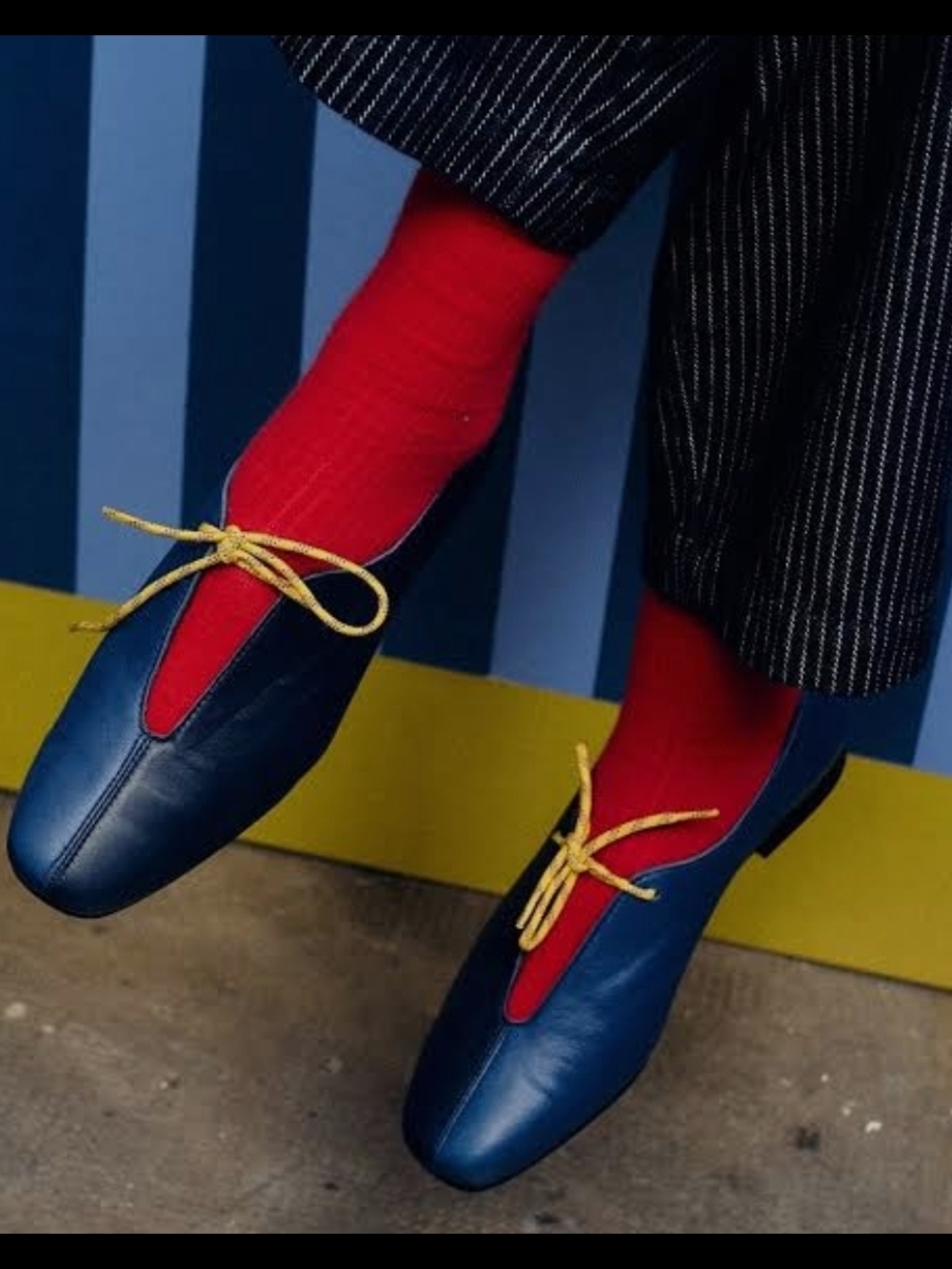 Bobo Choses Blue/ Navy Color Block Ballet Flats with Yellow Laces